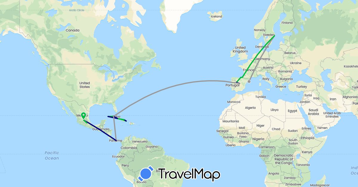 TravelMap itinerary: driving, bus, plane in Cuba, Spain, Mexico, Panama, Sweden (Europe, North America)
